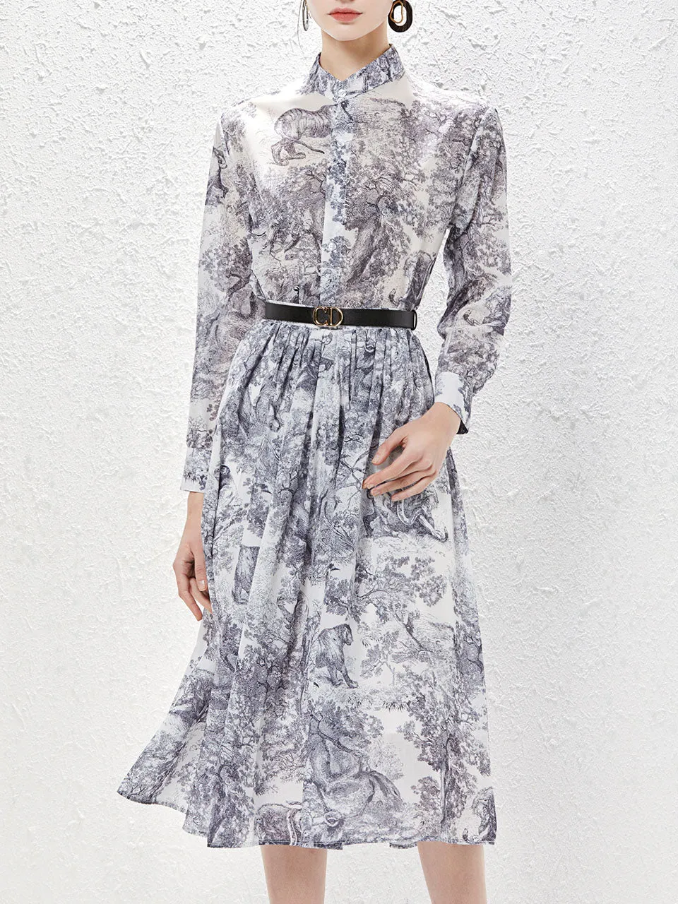 2PS Grey High Neck Floral Print Long Sleeve Bohemian Dress Midi Dress Suits