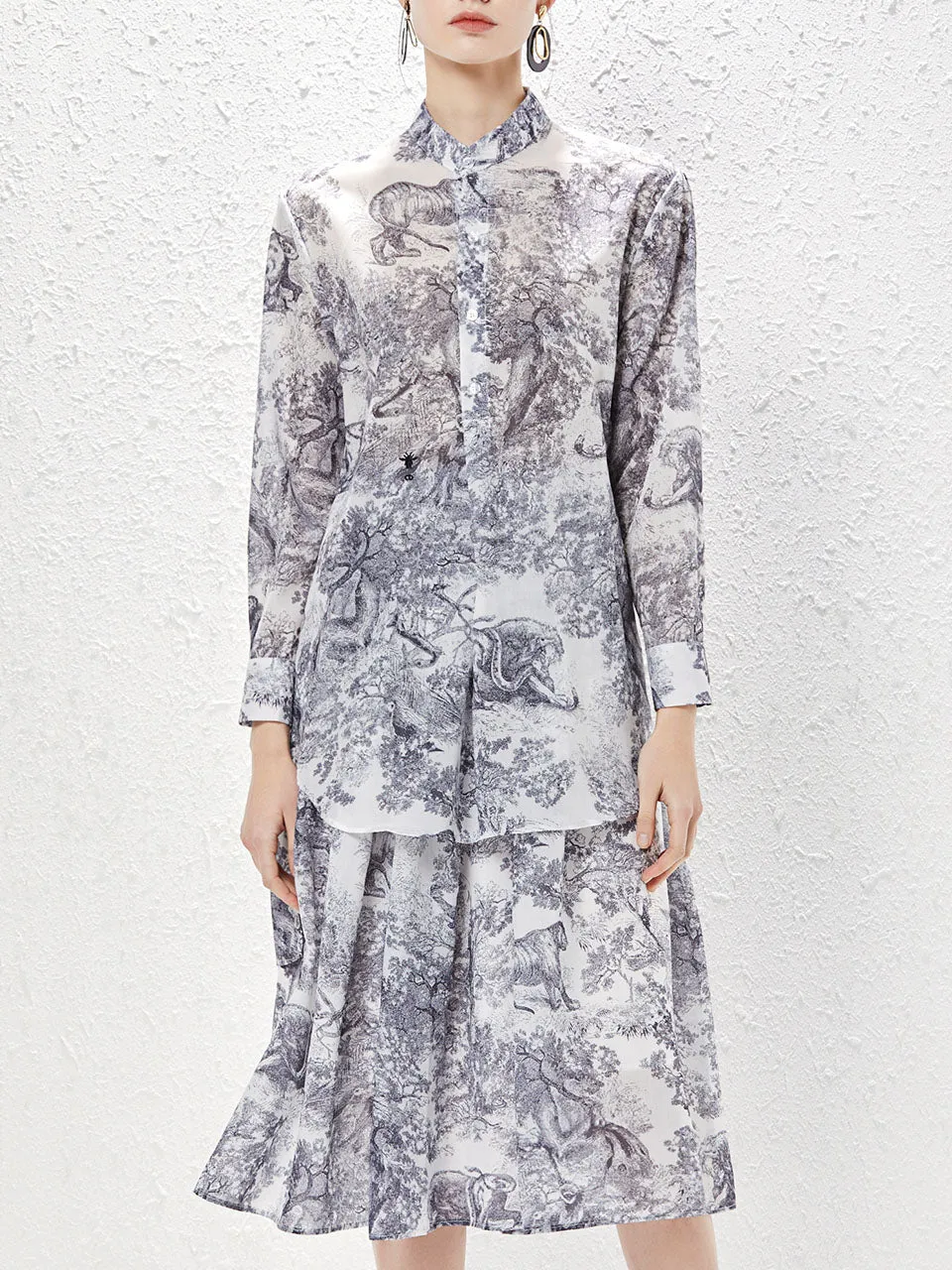 2PS Grey High Neck Floral Print Long Sleeve Bohemian Dress Midi Dress Suits