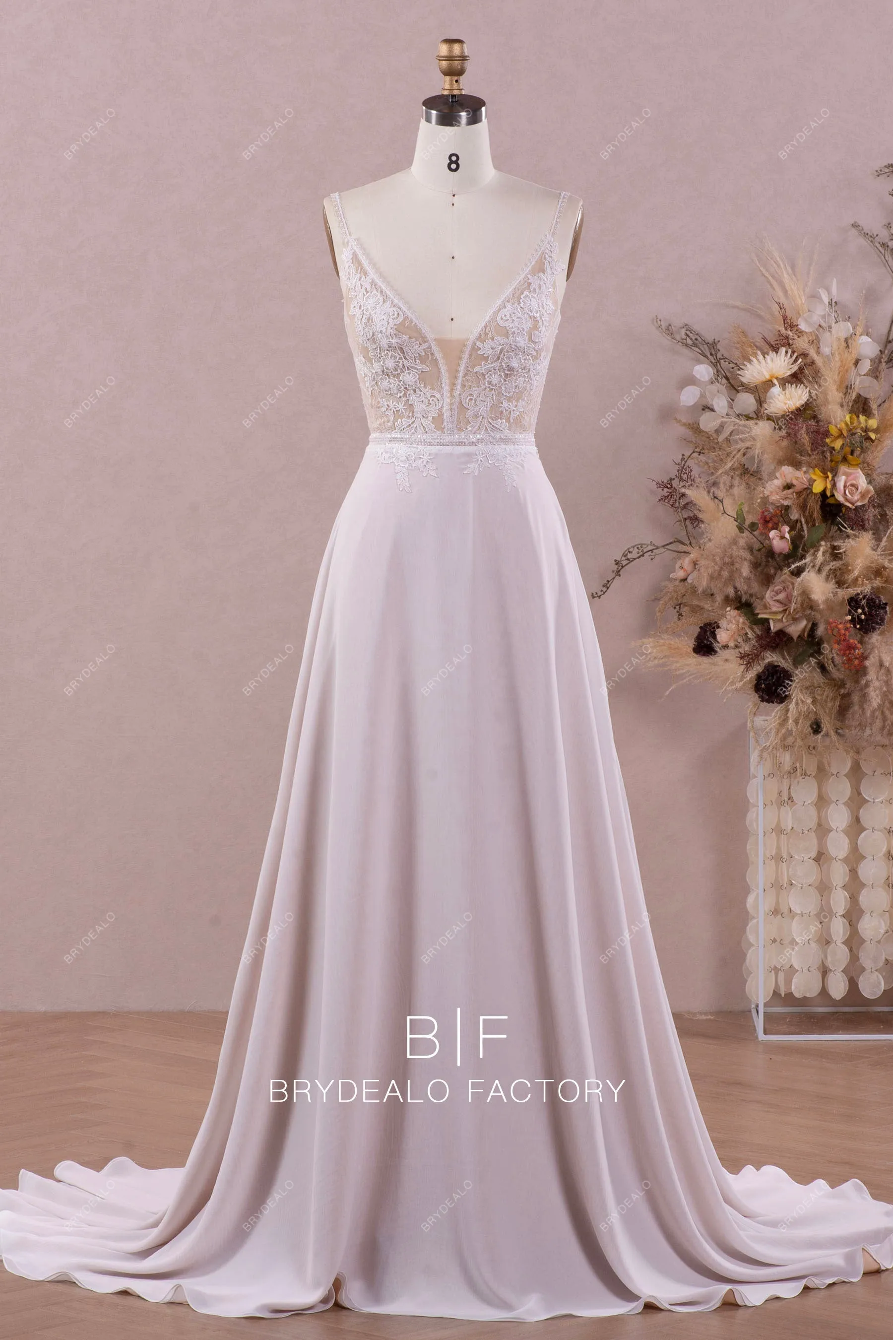 Airy Flower Lace Plunging Chiffon A-line Nude Boho Wedding Dress