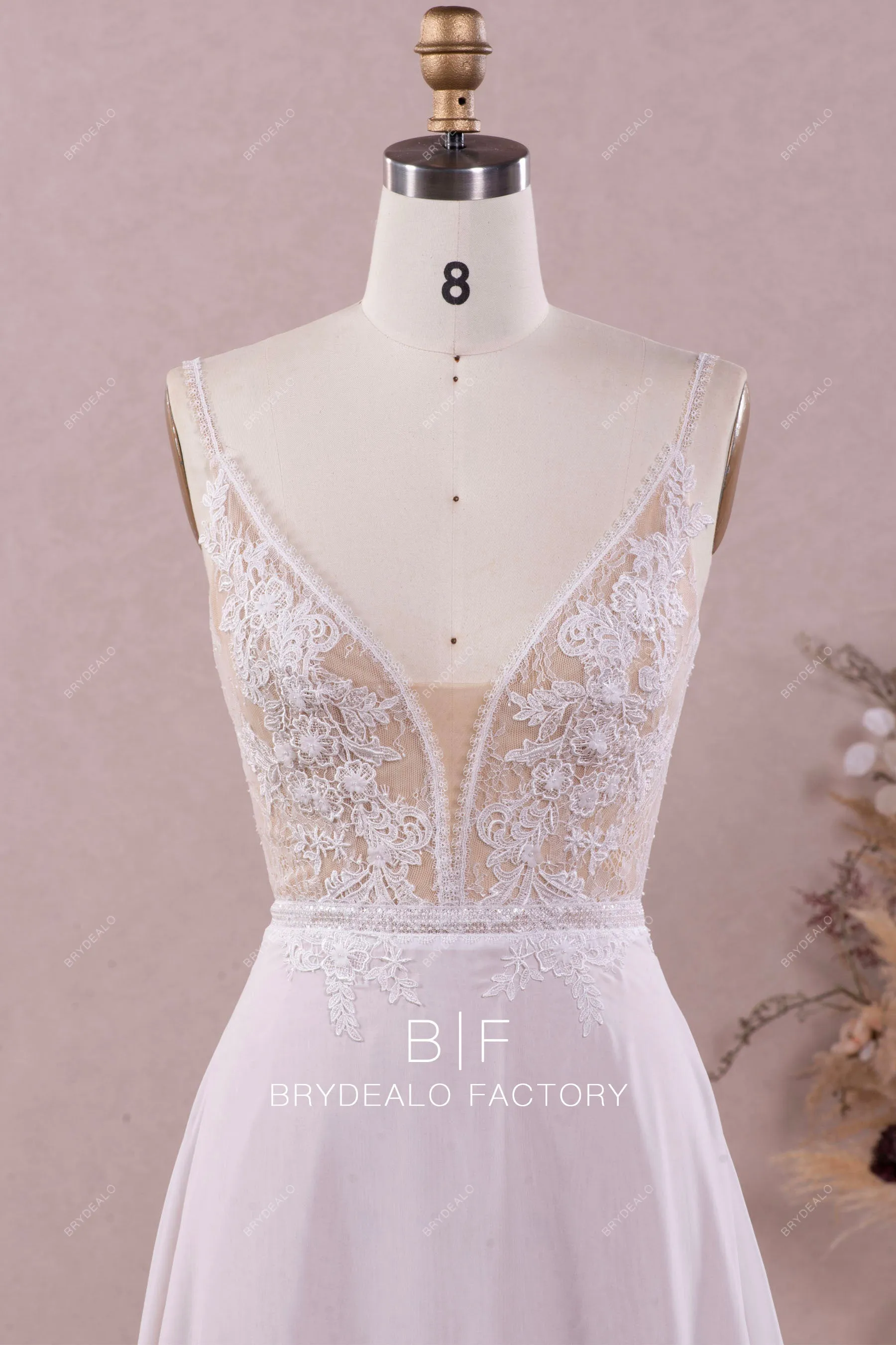 Airy Flower Lace Plunging Chiffon A-line Nude Boho Wedding Dress