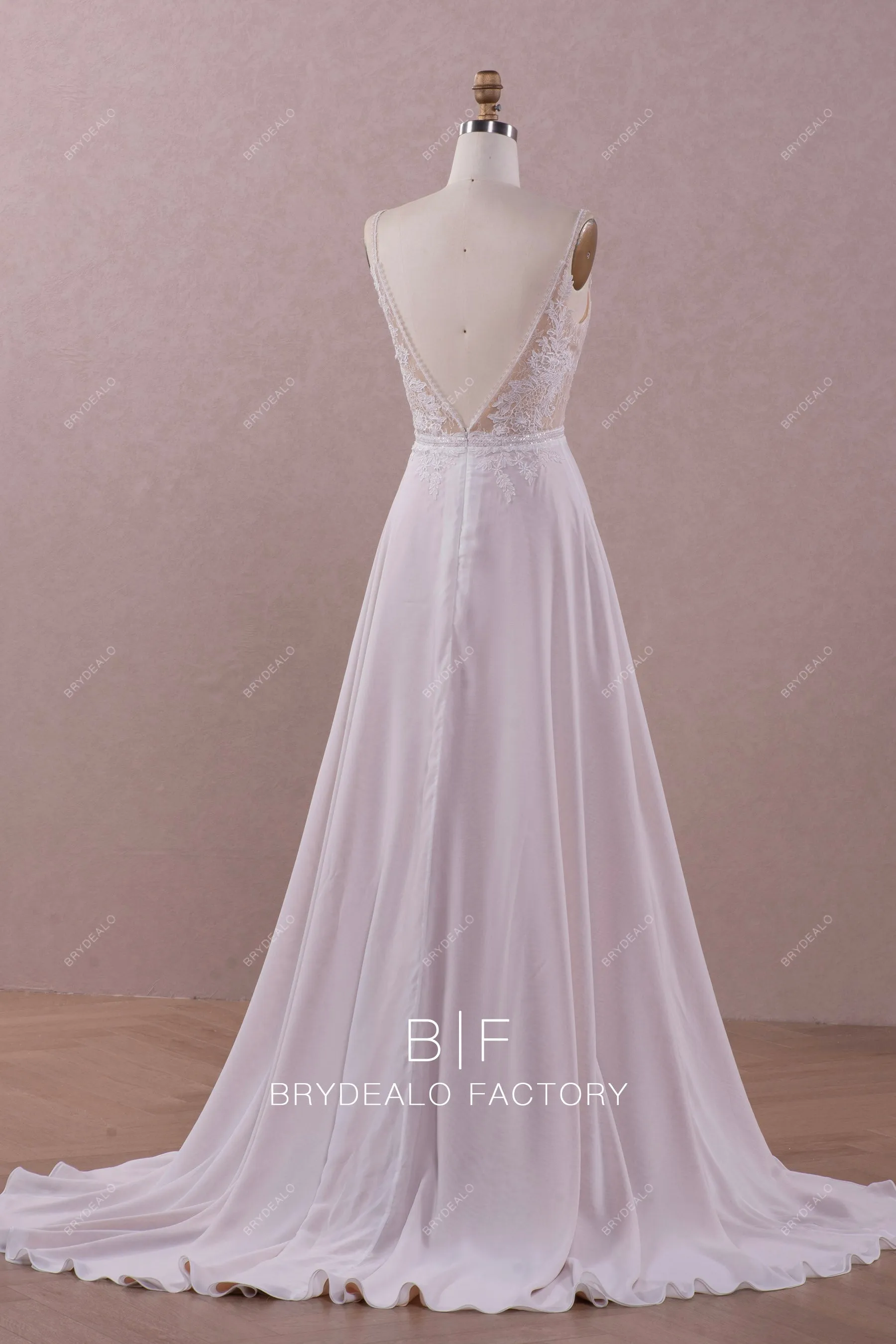 Airy Flower Lace Plunging Chiffon A-line Nude Boho Wedding Dress