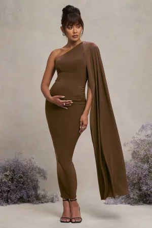 Amaryllis | Chocolate Maternity One Shoulder Maxi Dress with Cape Sleeve