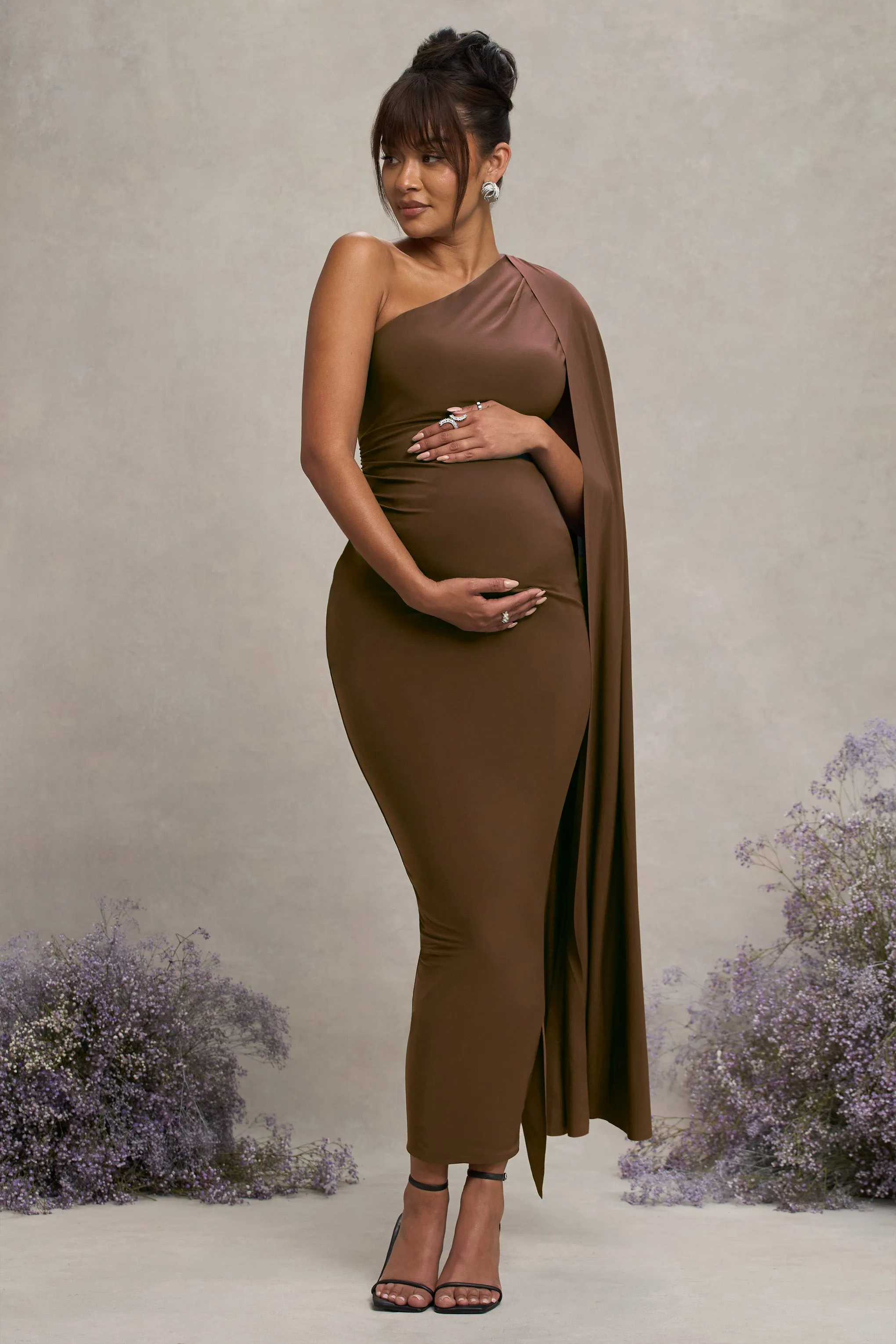 Amaryllis | Chocolate Maternity One Shoulder Maxi Dress with Cape Sleeve