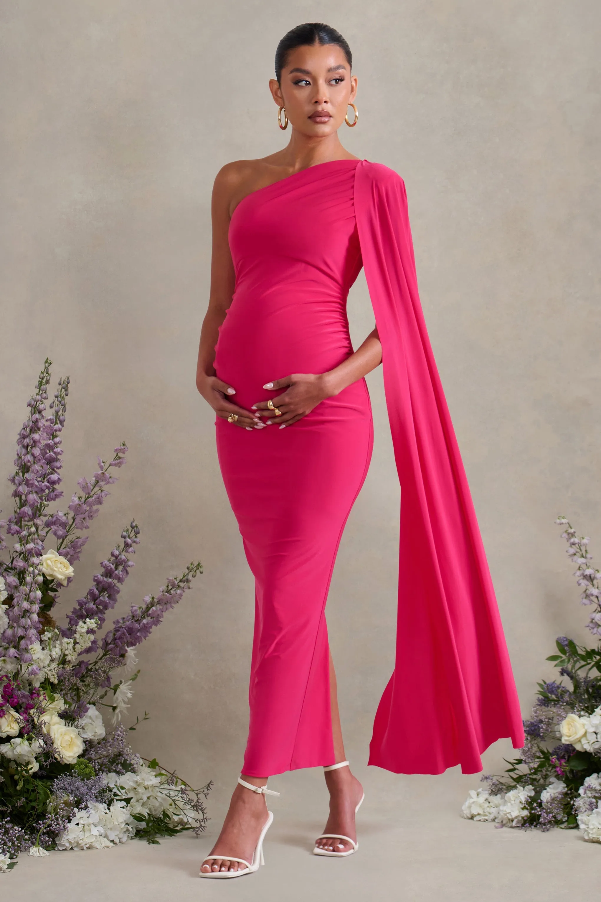 Amaryllis | Hot Pink Maternity One Shoulder Maxi Dress with Cape Sleeve