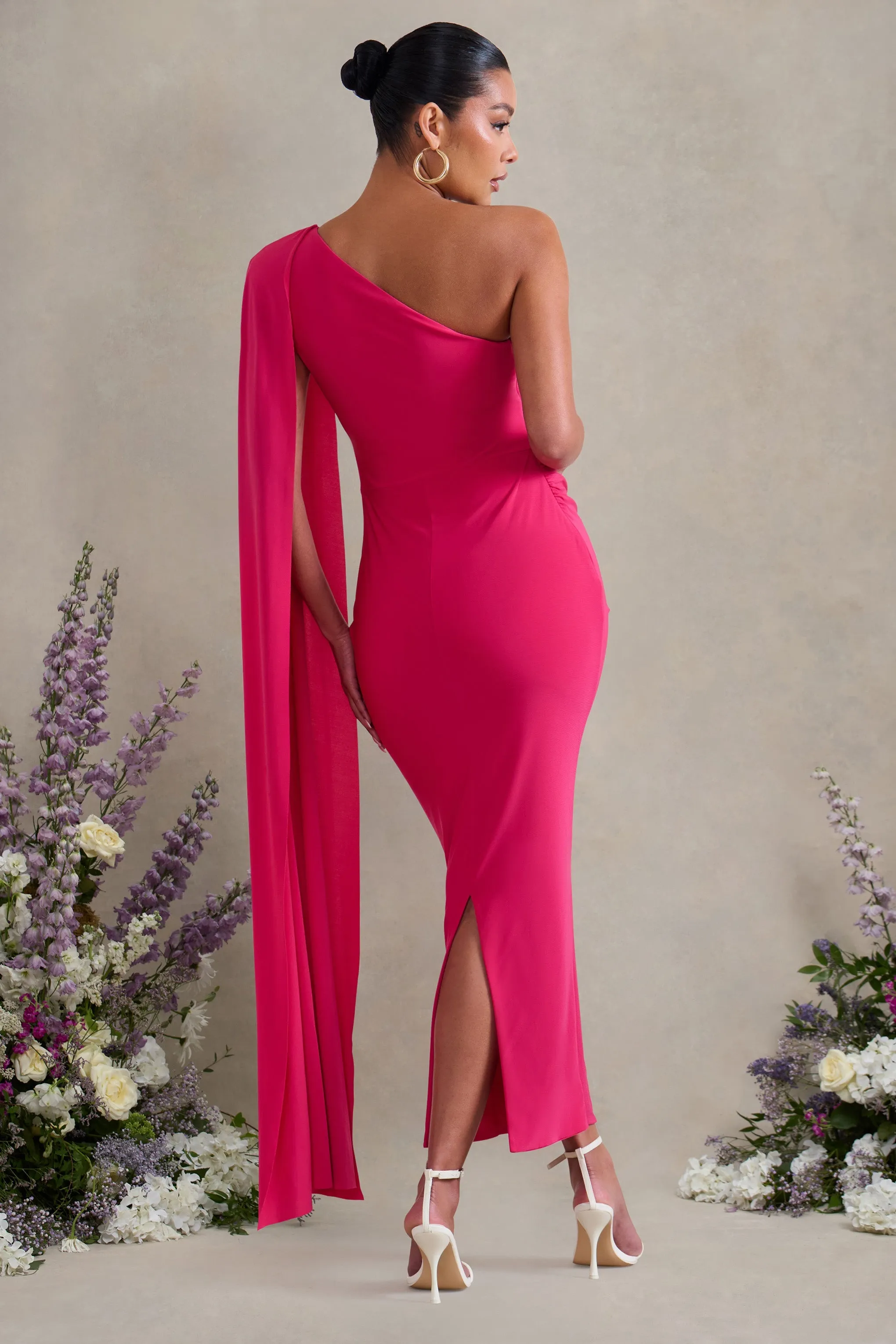 Amaryllis | Hot Pink Maternity One Shoulder Maxi Dress with Cape Sleeve