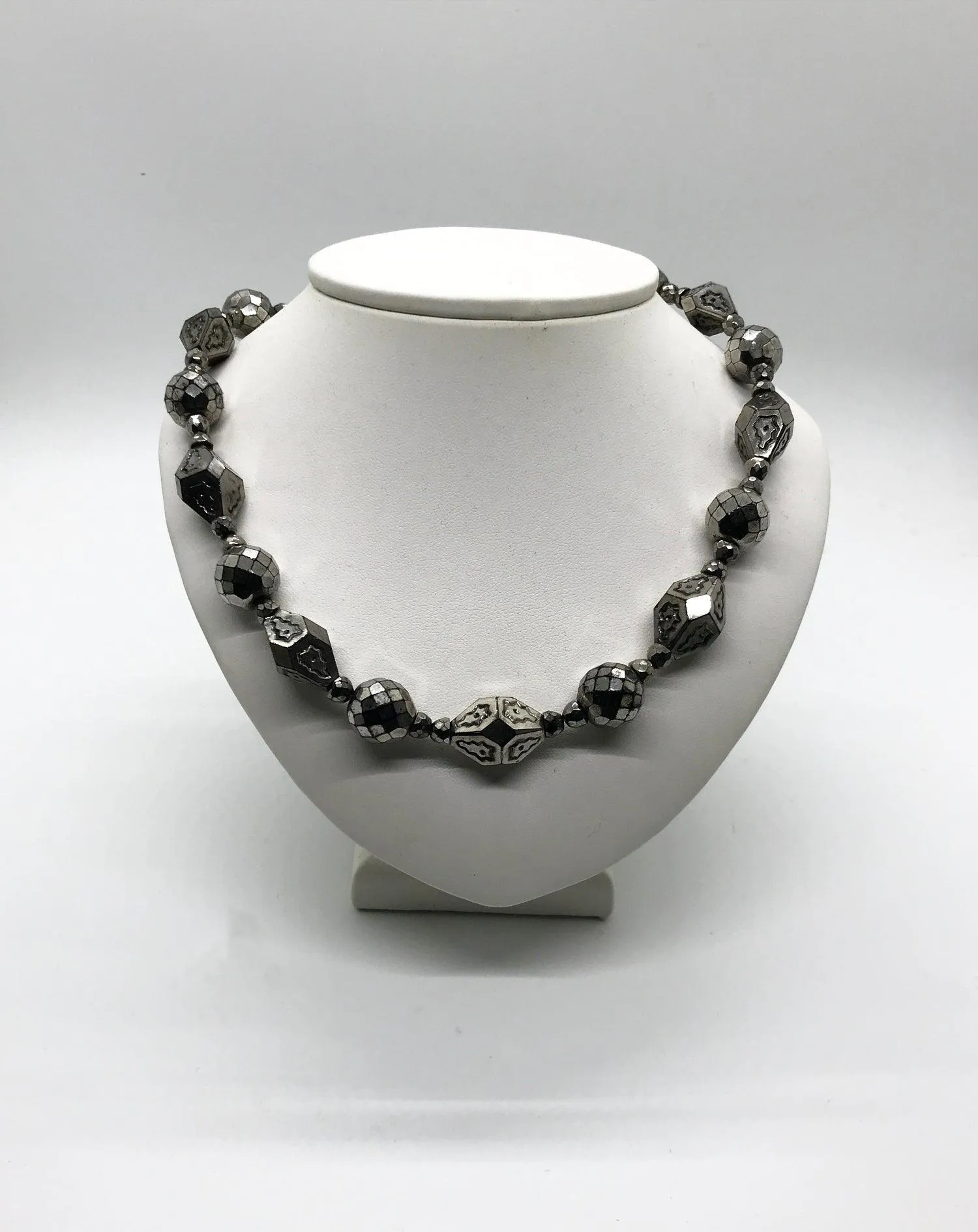 Antique Art Deco Silvered French Jet Bead Necklace