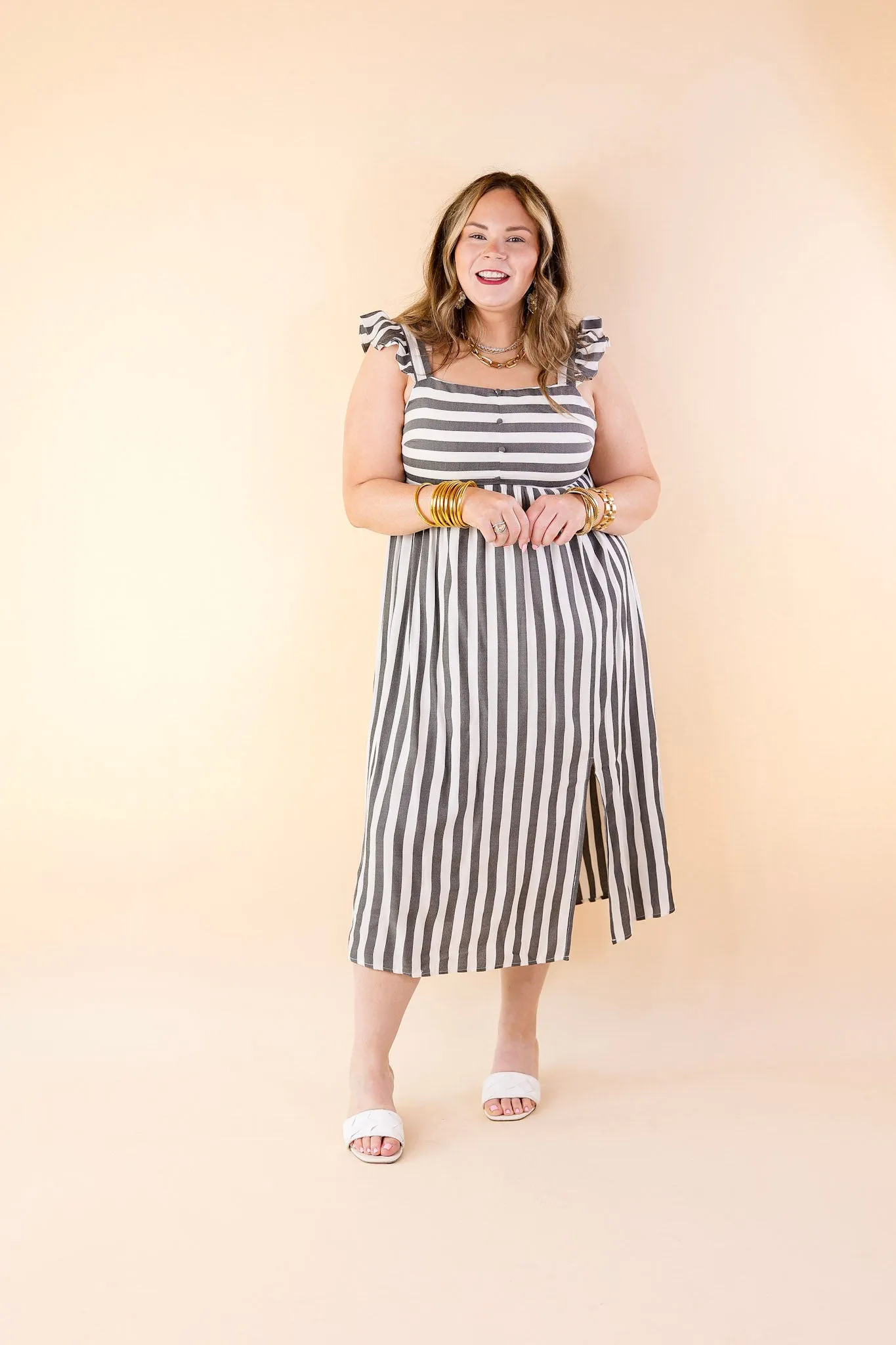 Beach Dreamin Striped Dress in Grey and White