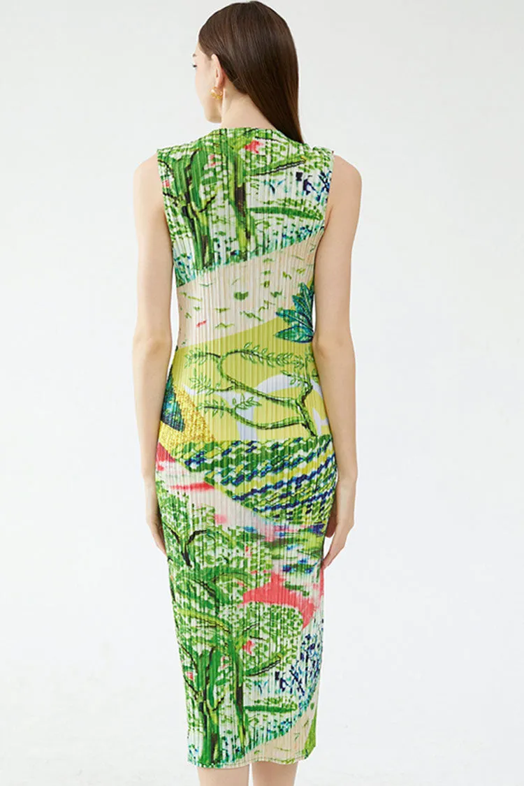 Classy V Neck Landscape Print Sleeveless Pleated Midi Dress - Green