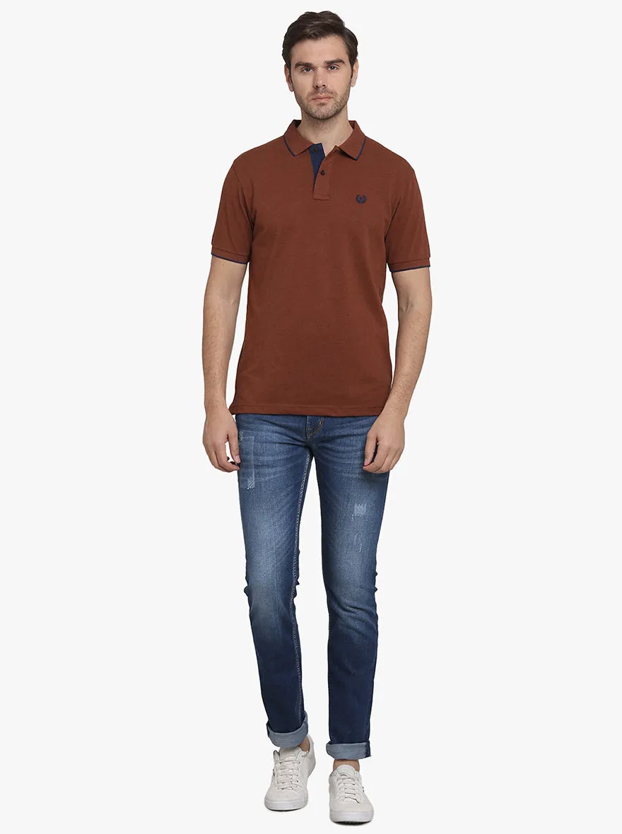 Coffee Melange Solid Slim Fit Polo T-shirt  | Greenfibre