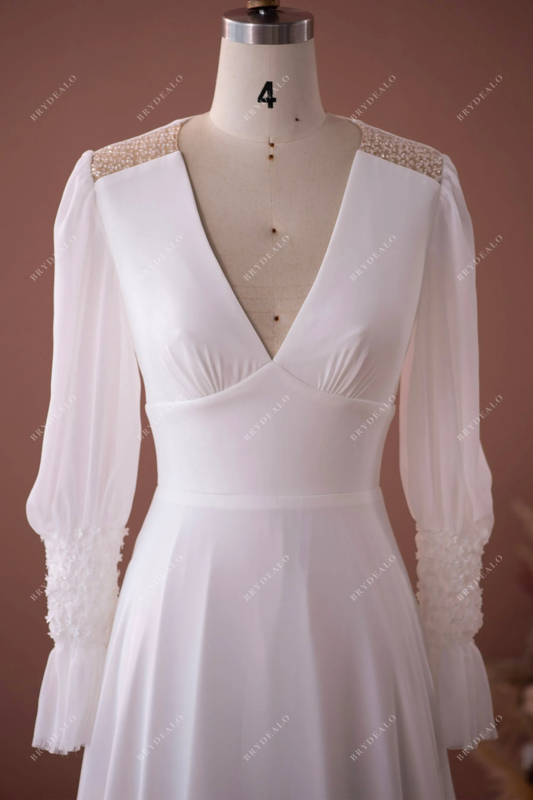 Designer Bubble Sleeve V-neck Vintage Beaded Chiffon Wedding Dress