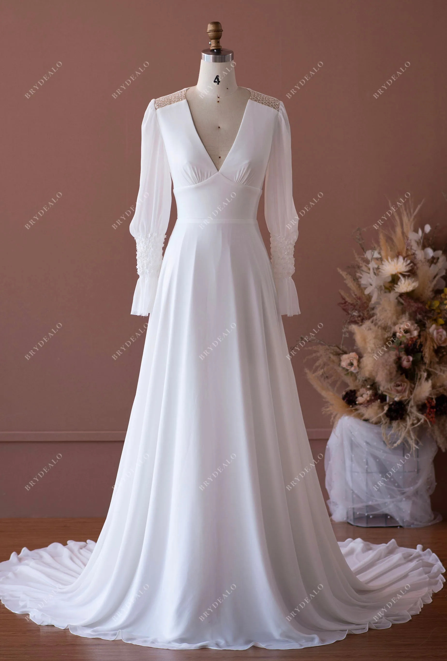 Designer Bubble Sleeve V-neck Vintage Beaded Chiffon Wedding Dress