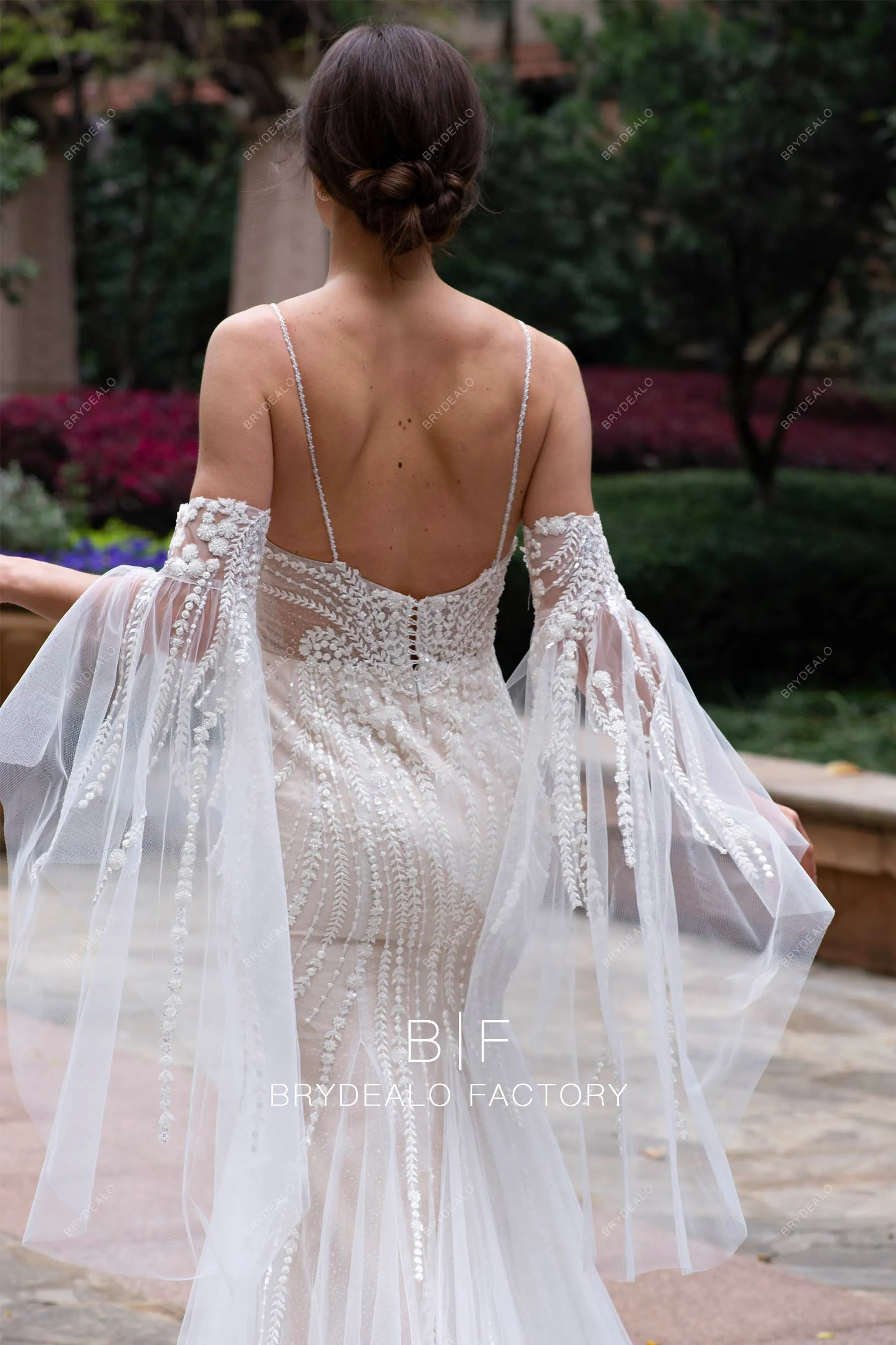 Detachable Bell Sleeve Beaded Lace Boho Nude Mermaid Wedding Dress