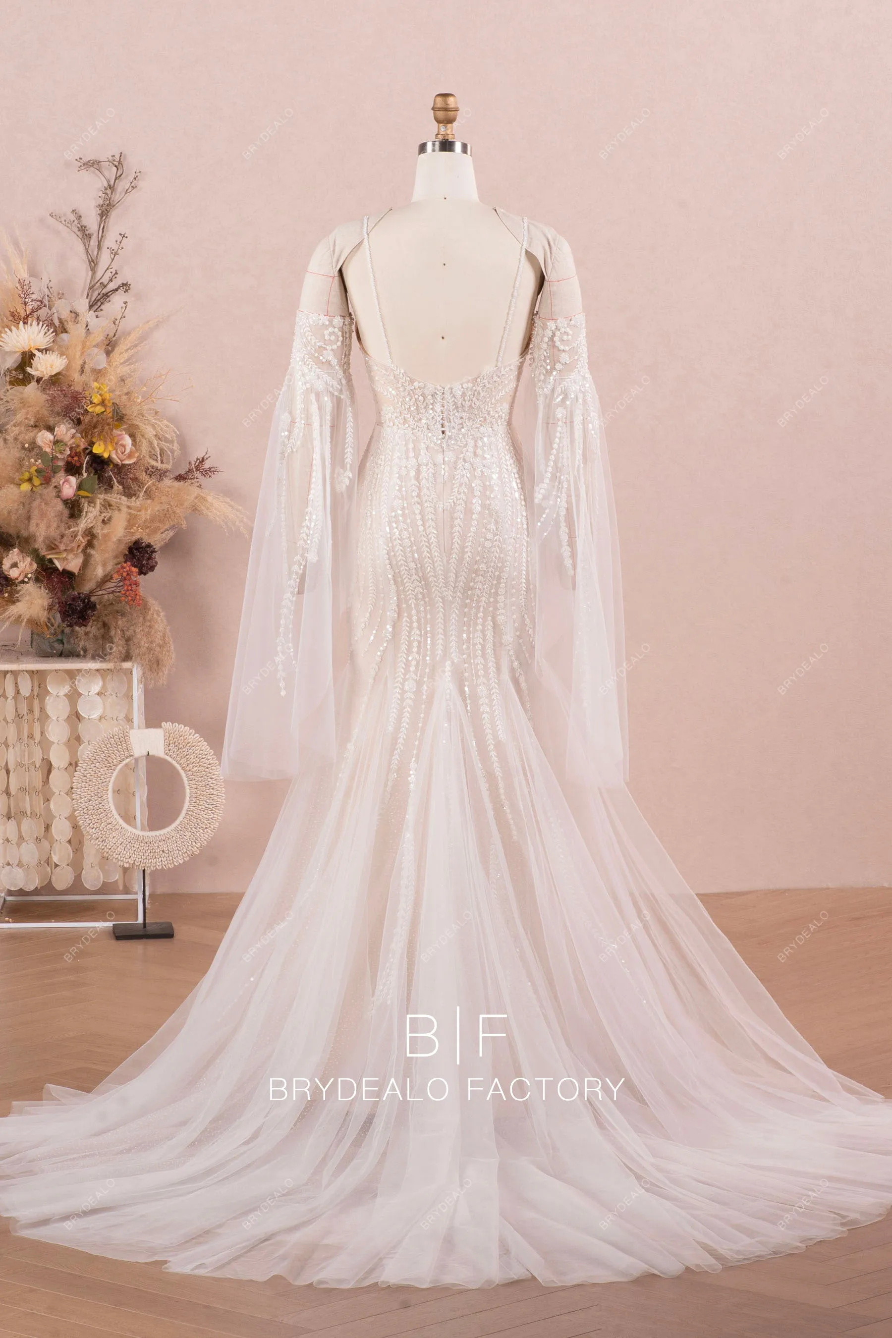 Detachable Bell Sleeve Beaded Lace Boho Nude Mermaid Wedding Dress