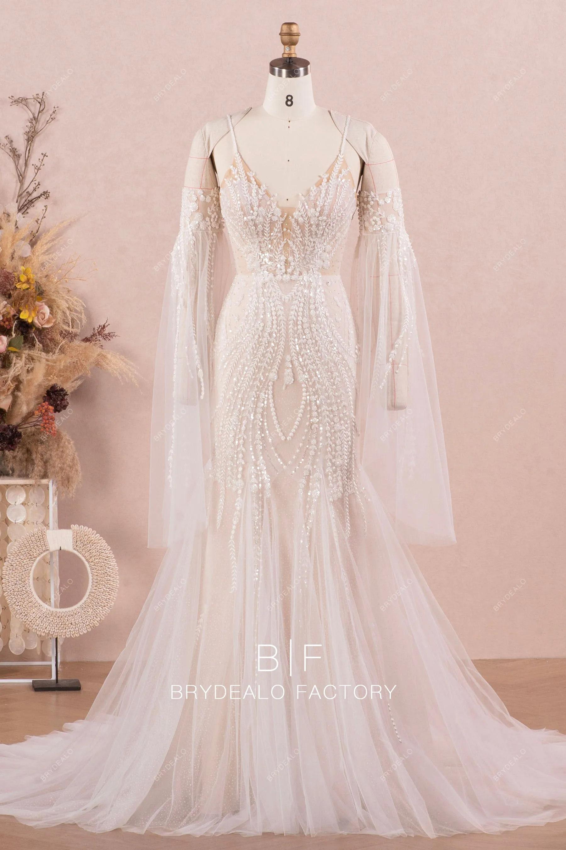 Detachable Bell Sleeve Beaded Lace Boho Nude Mermaid Wedding Dress