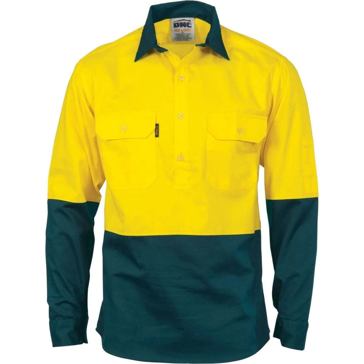 Dnc Workwear Hi-vis Two-tone Close Front Cotton Drill Long Sleeve Shirt - Gusset Sleeve - 3834