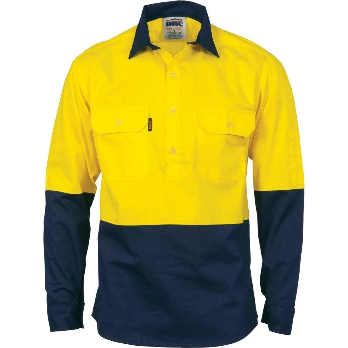 Dnc Workwear Hi-vis Two-tone Close Front Cotton Drill Long Sleeve Shirt - Gusset Sleeve - 3834