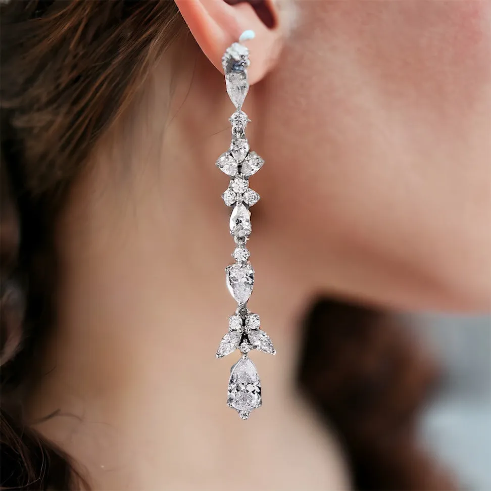 Elegance Sparkling Cubic Zirconia Long Drop Wedding Bridal Earrings