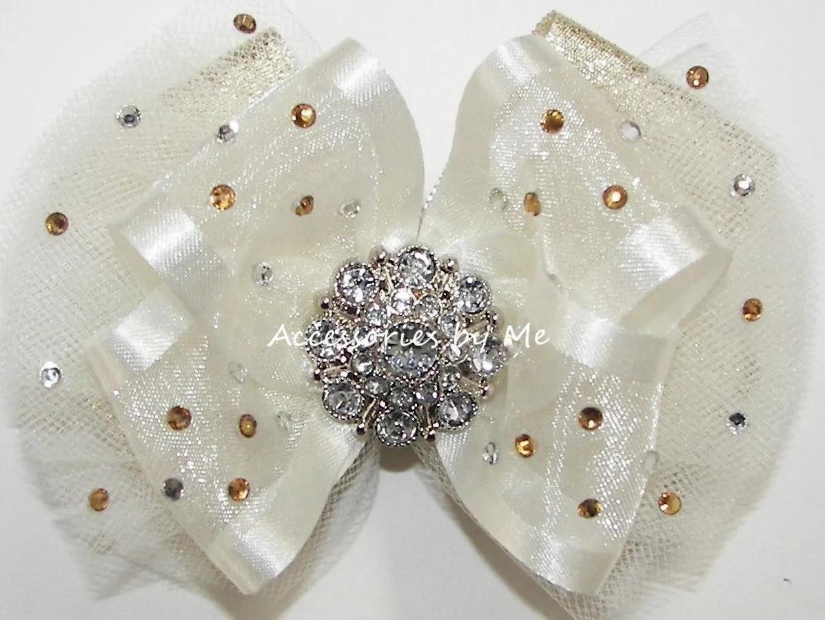 Glitzy Light Ivory Gold Organza Tulle Hair Bow