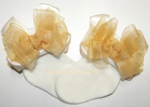 Gold Ivory Organza Satin Bow Socks