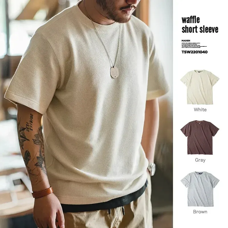 Men's Waffle T-shirt Solid Color Short Sleeve Top - Off White