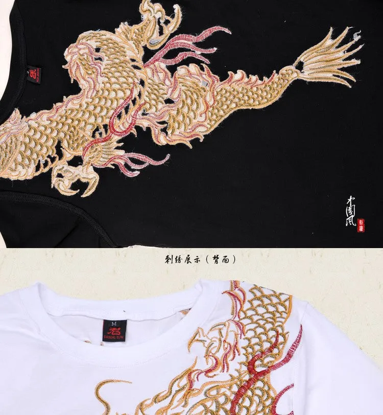 New Arrival China National Wind Dragon, embroidery shirts, tops for Summer, short-sleeve high-quality cotton t-shirt