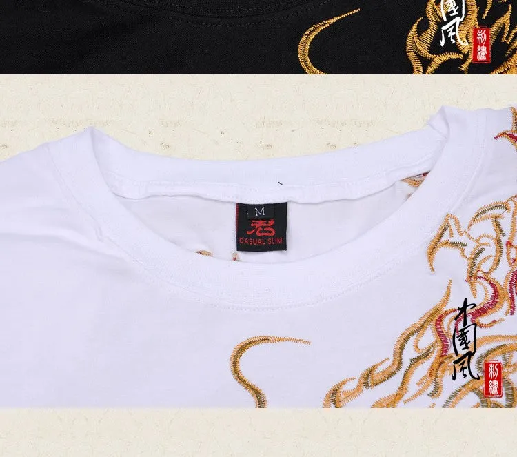 New Arrival China National Wind Dragon, embroidery shirts, tops for Summer, short-sleeve high-quality cotton t-shirt