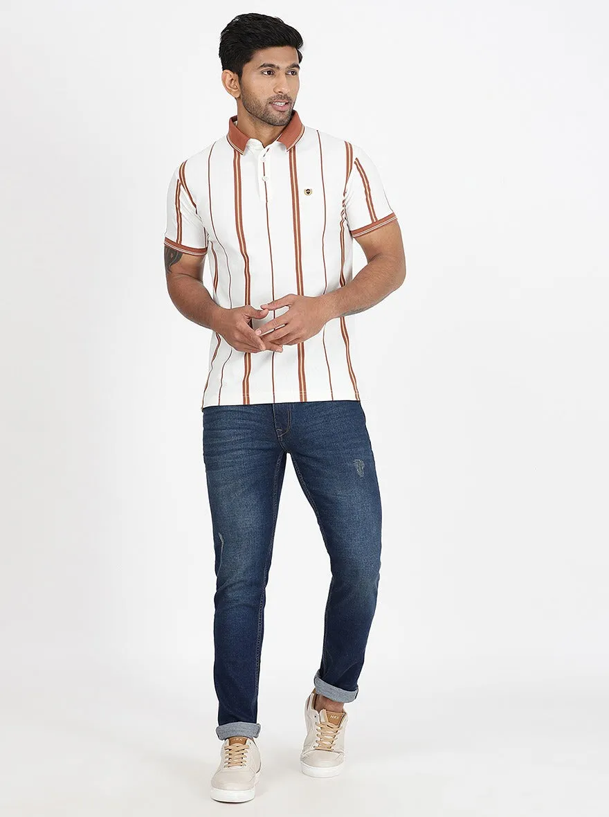 Off White Striped Slim Fit Polo T-Shirt | JadeBlue