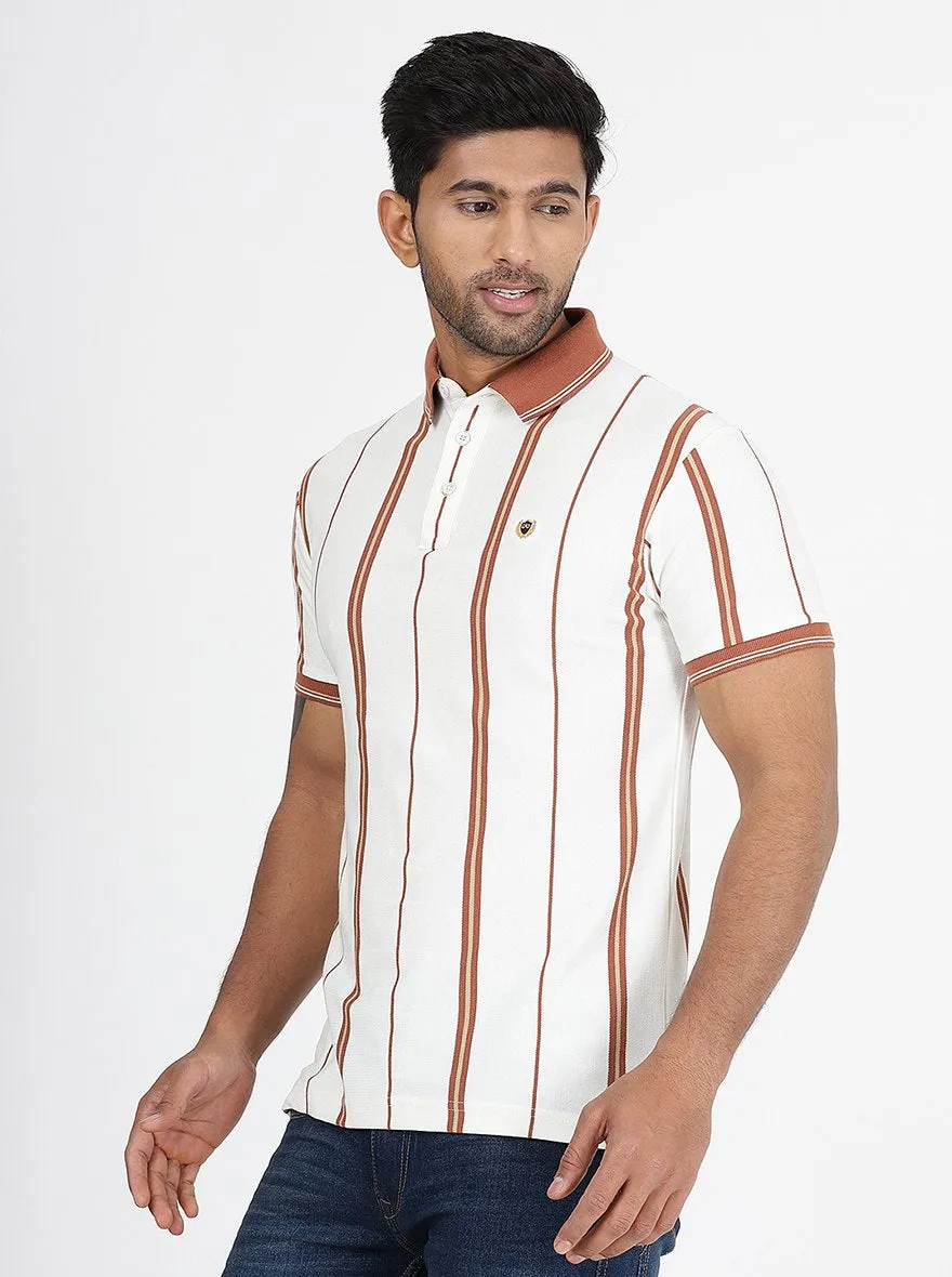 Off White Striped Slim Fit Polo T-Shirt | JadeBlue