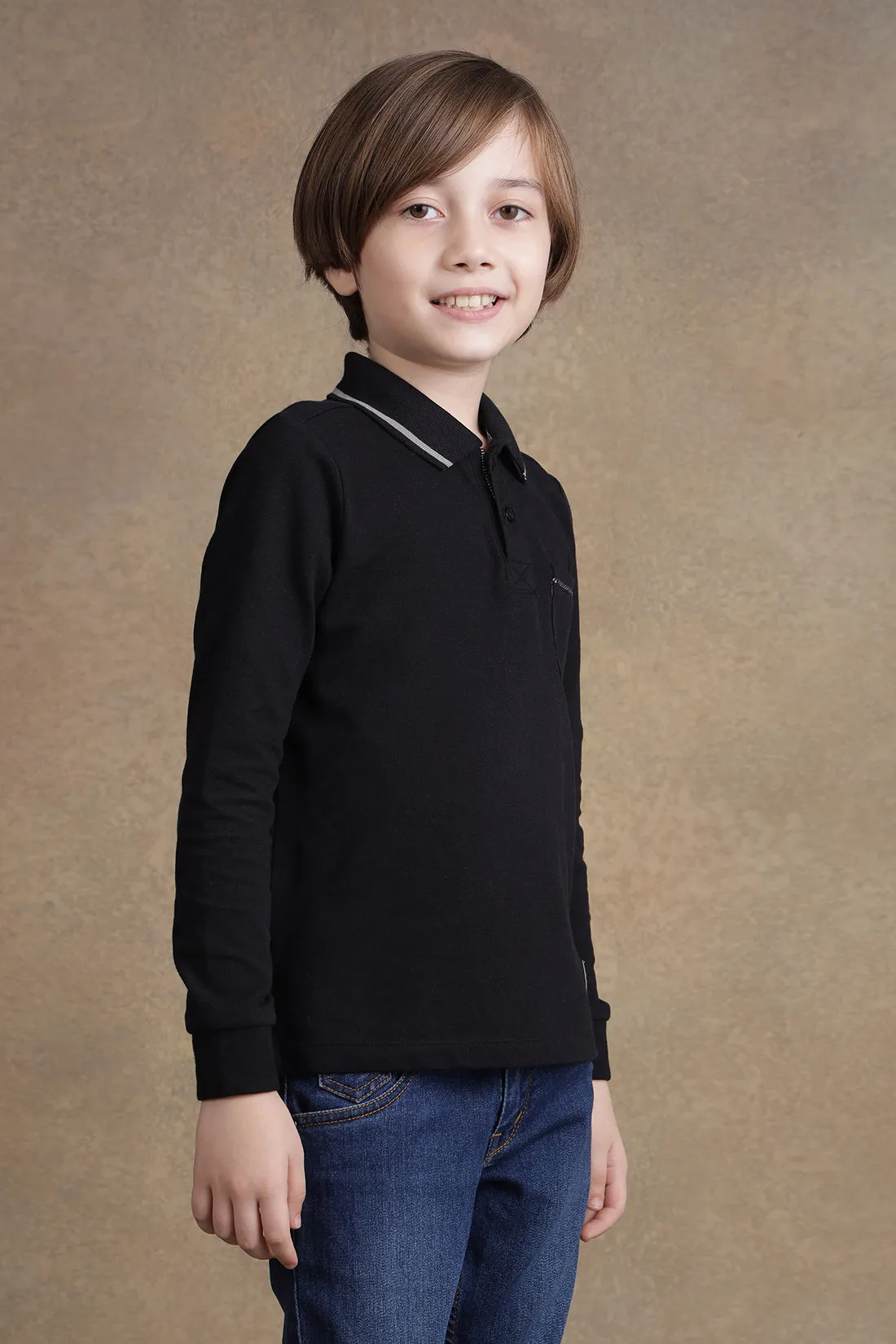 One Friday  Boys Black Full Sleeves Polo T-shirt