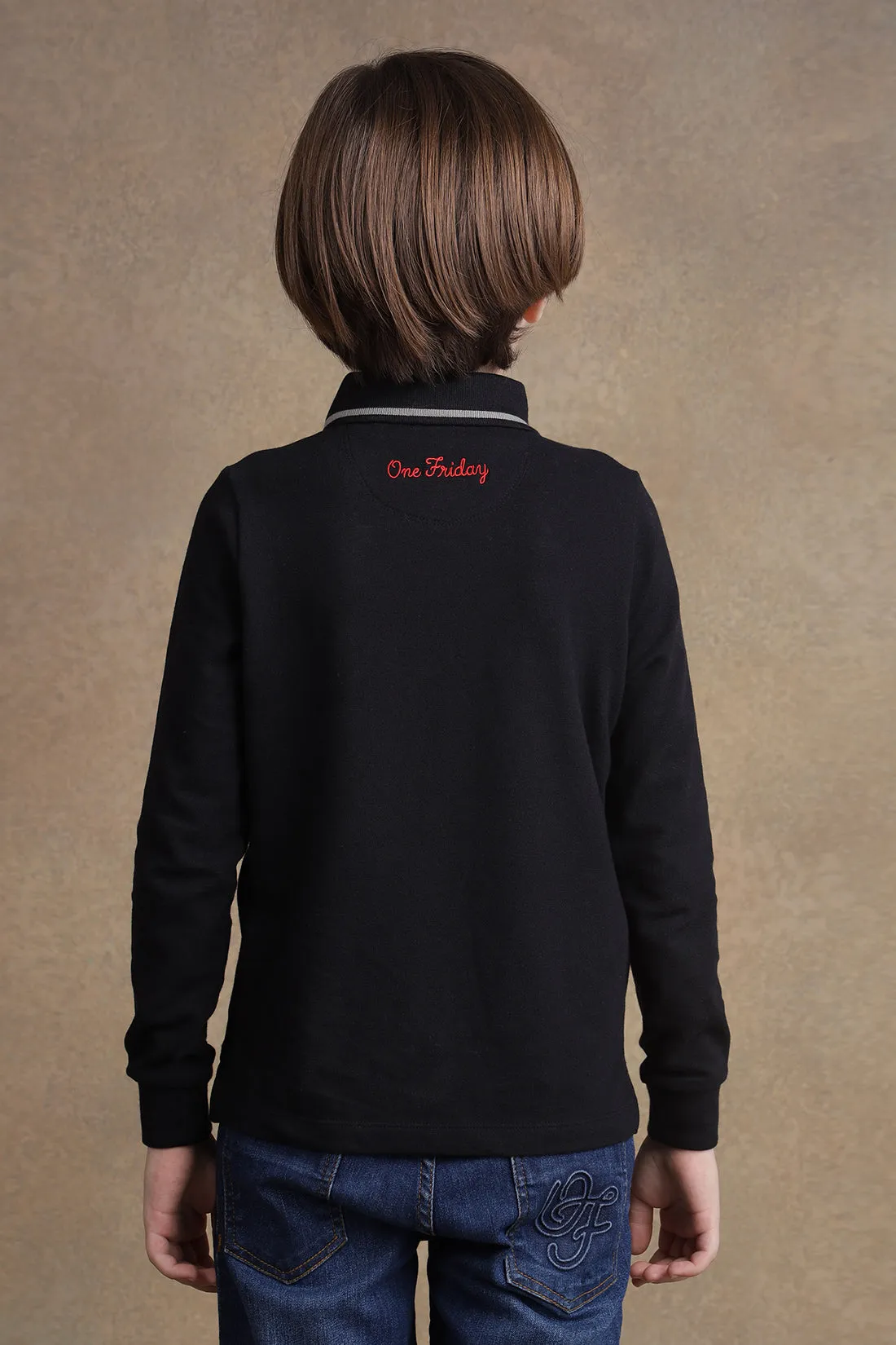 One Friday  Boys Black Full Sleeves Polo T-shirt