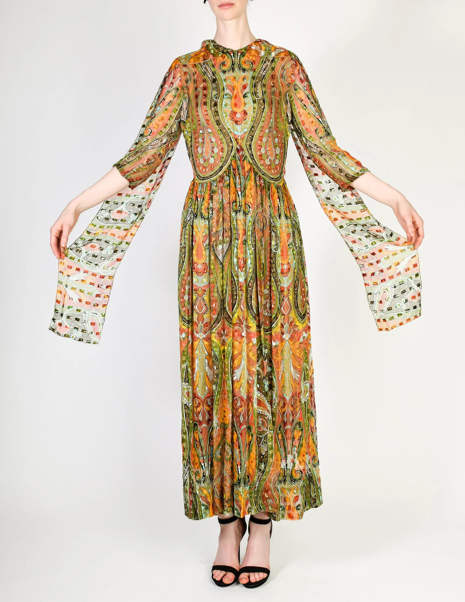 Pauline Trigere Vintage Sheer Patterned Silk Chiffon Jacquard Dress