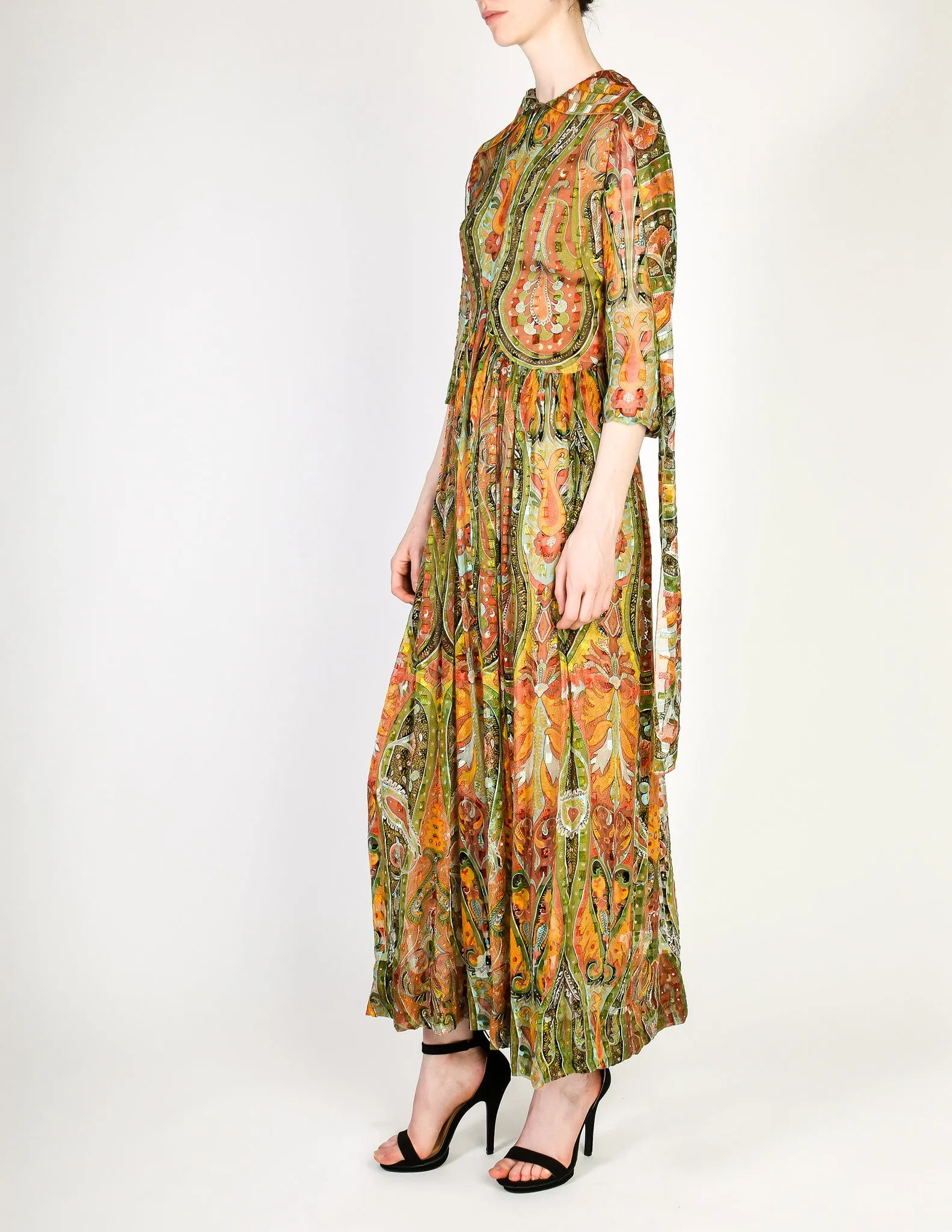 Pauline Trigere Vintage Sheer Patterned Silk Chiffon Jacquard Dress