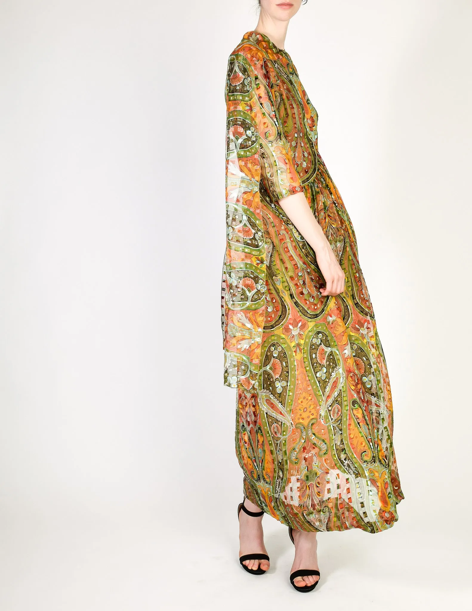 Pauline Trigere Vintage Sheer Patterned Silk Chiffon Jacquard Dress