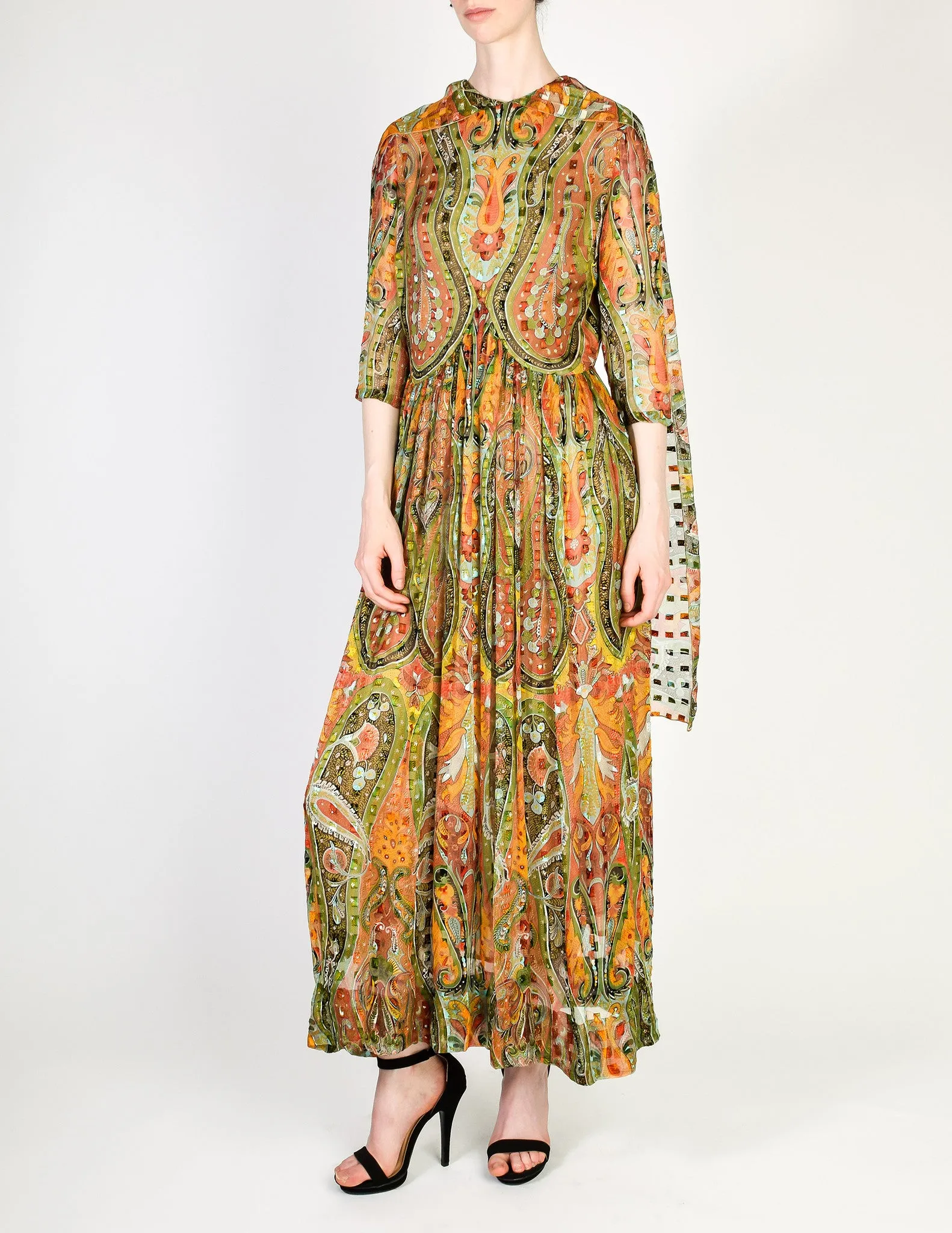 Pauline Trigere Vintage Sheer Patterned Silk Chiffon Jacquard Dress