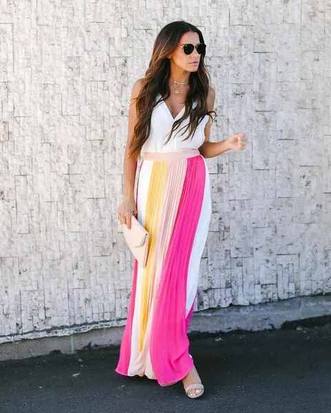 Sleeveless Pleated Contrast Skirt Long Dress