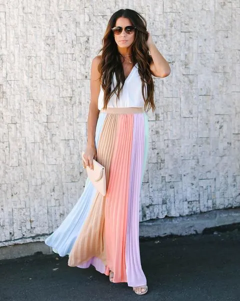 Sleeveless Pleated Contrast Skirt Long Dress