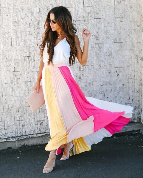 Sleeveless Pleated Contrast Skirt Long Dress