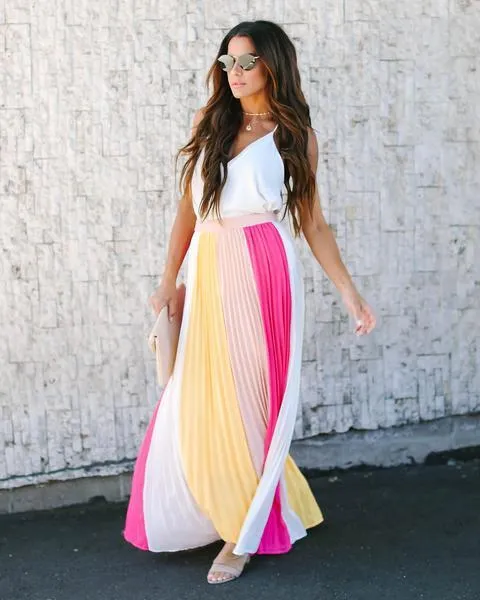 Sleeveless Pleated Contrast Skirt Long Dress