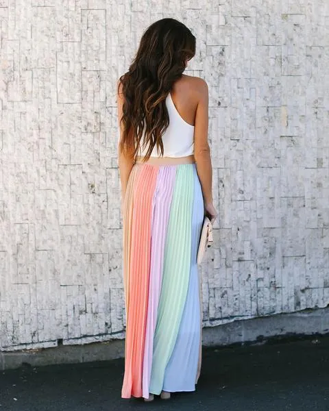 Sleeveless Pleated Contrast Skirt Long Dress