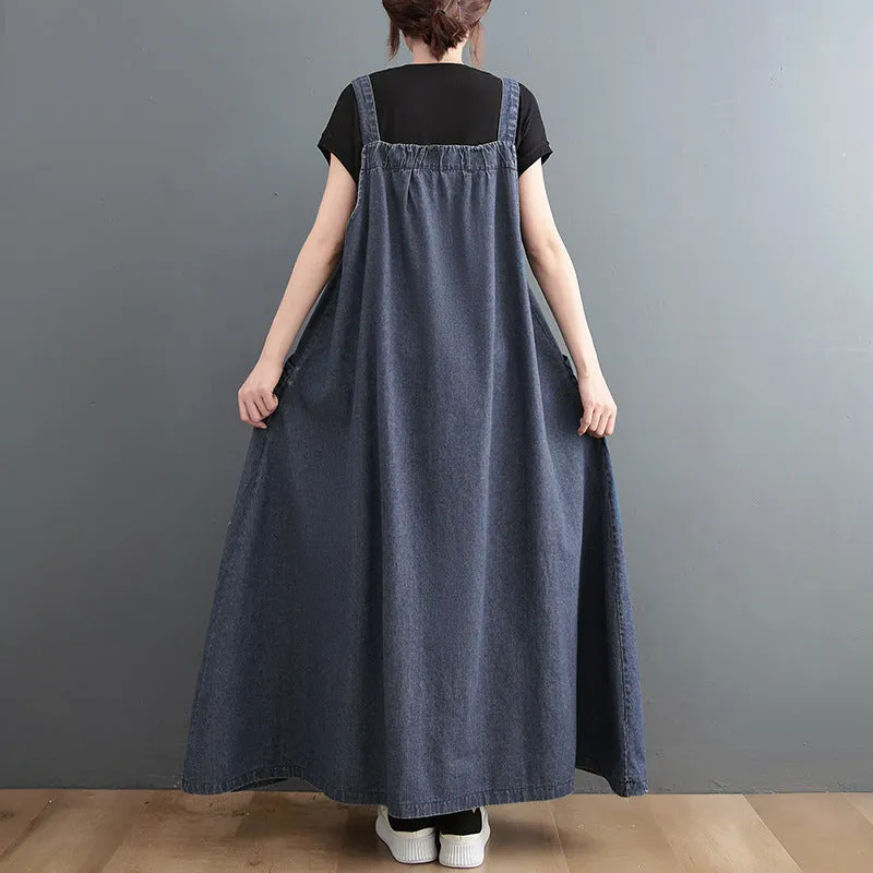 Spring/Summer New Loose Slim denim Slim Strap Long Dress Large Swing Dress