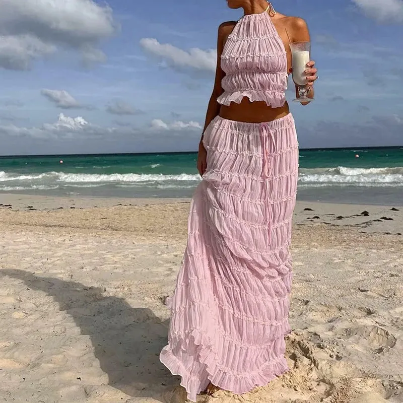 Women Boho Sexy Backless Matching Suit 2 Piece Beach Holiday Outfits Vintage Ruched Halter Cami Tops   Maxi Long Skirt Party