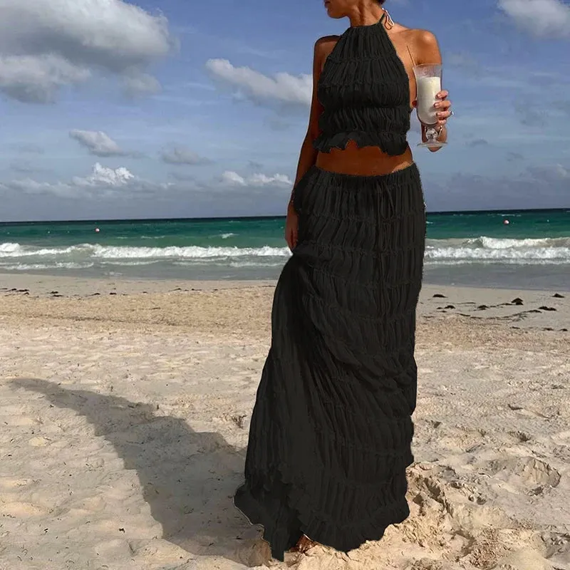 Women Boho Sexy Backless Matching Suit 2 Piece Beach Holiday Outfits Vintage Ruched Halter Cami Tops   Maxi Long Skirt Party