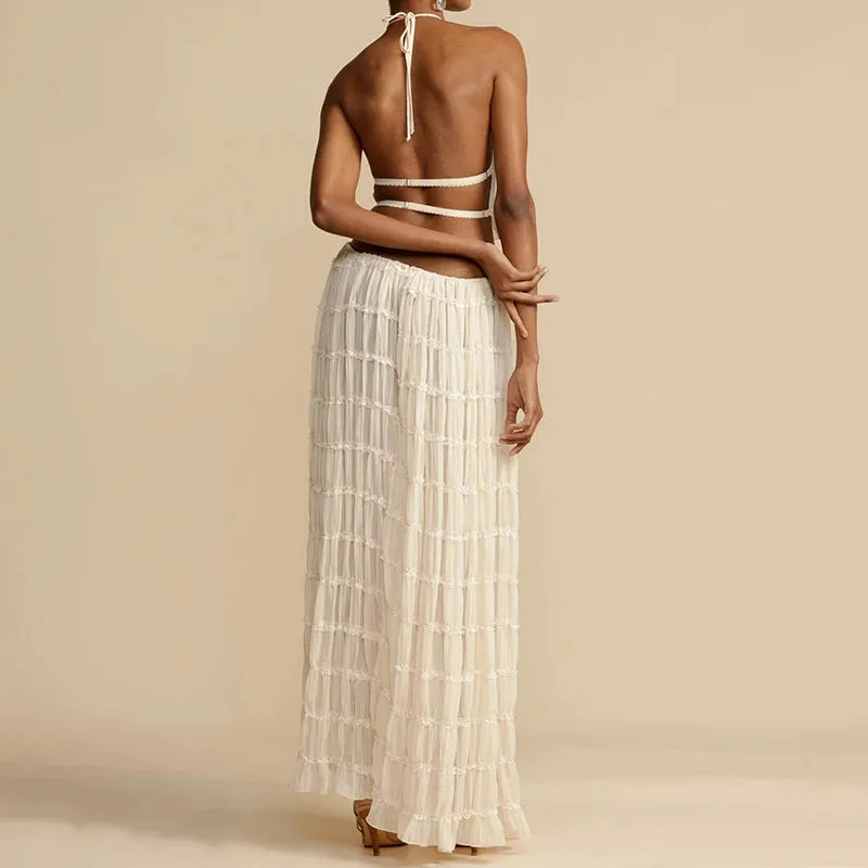 Women Boho Sexy Backless Matching Suit 2 Piece Beach Holiday Outfits Vintage Ruched Halter Cami Tops   Maxi Long Skirt Party