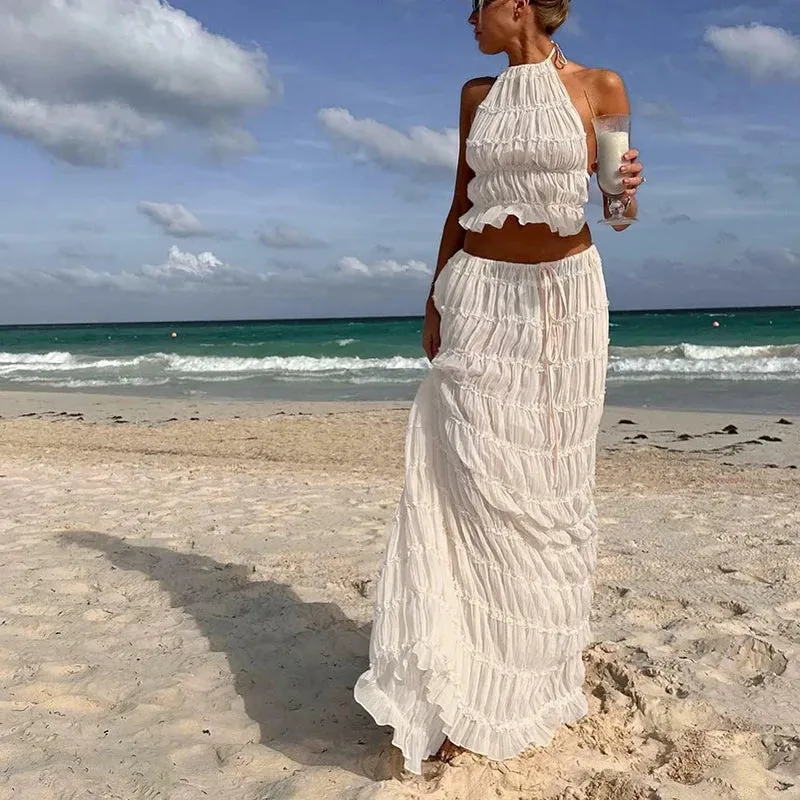 Women Boho Sexy Backless Matching Suit 2 Piece Beach Holiday Outfits Vintage Ruched Halter Cami Tops   Maxi Long Skirt Party