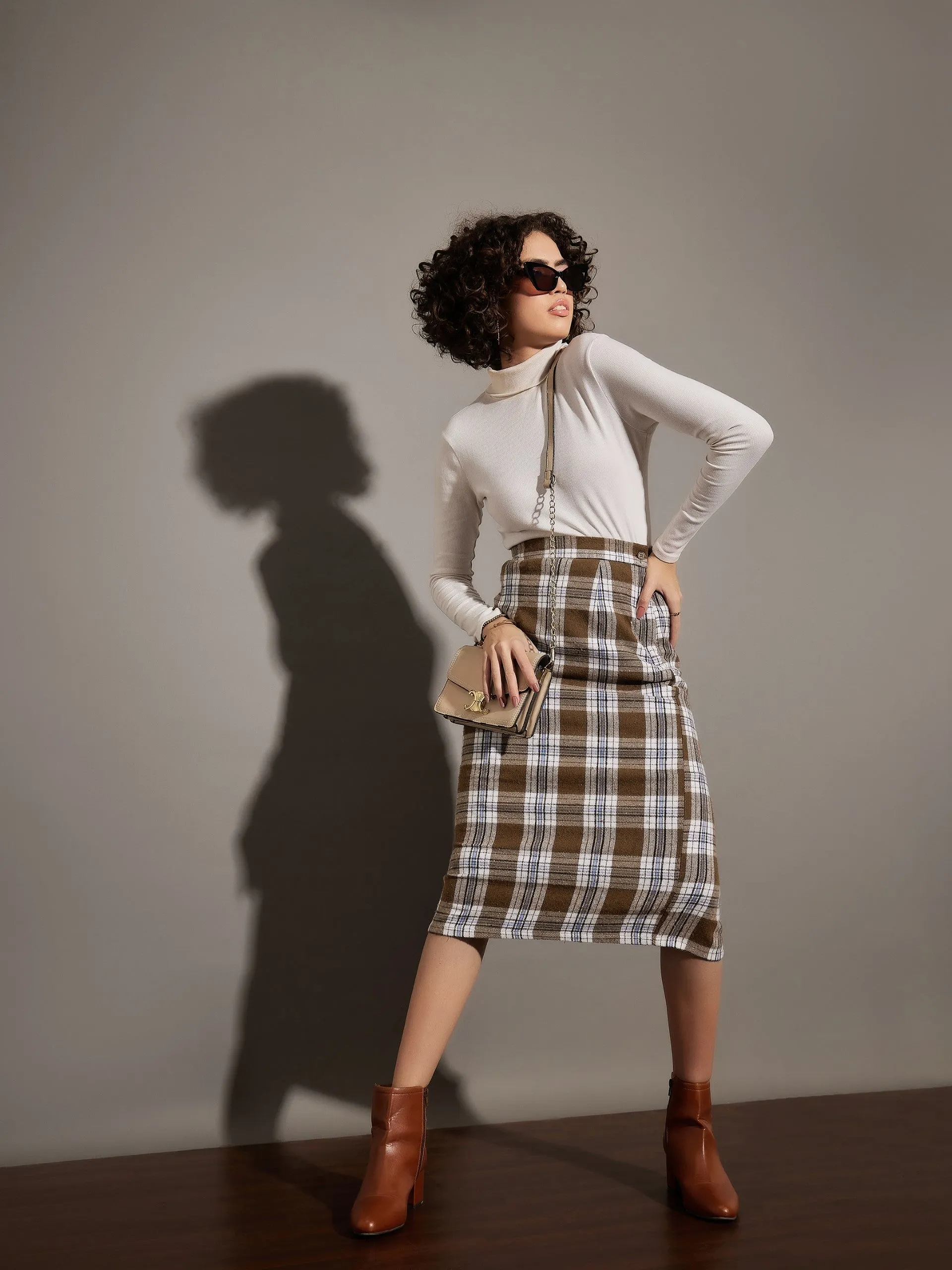 Women Brown Yarn dyed Check Pencil Skirt