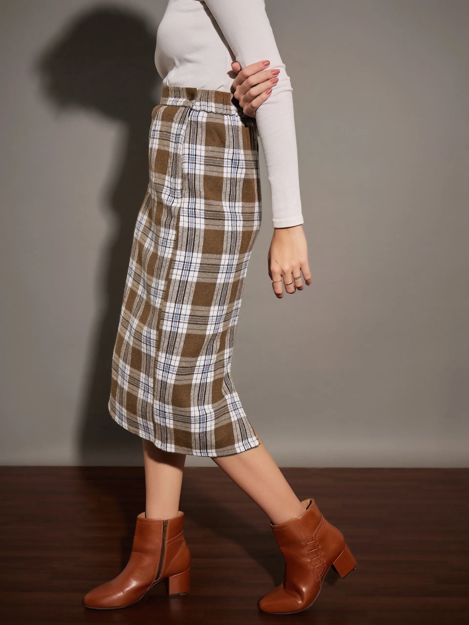 Women Brown Yarn dyed Check Pencil Skirt