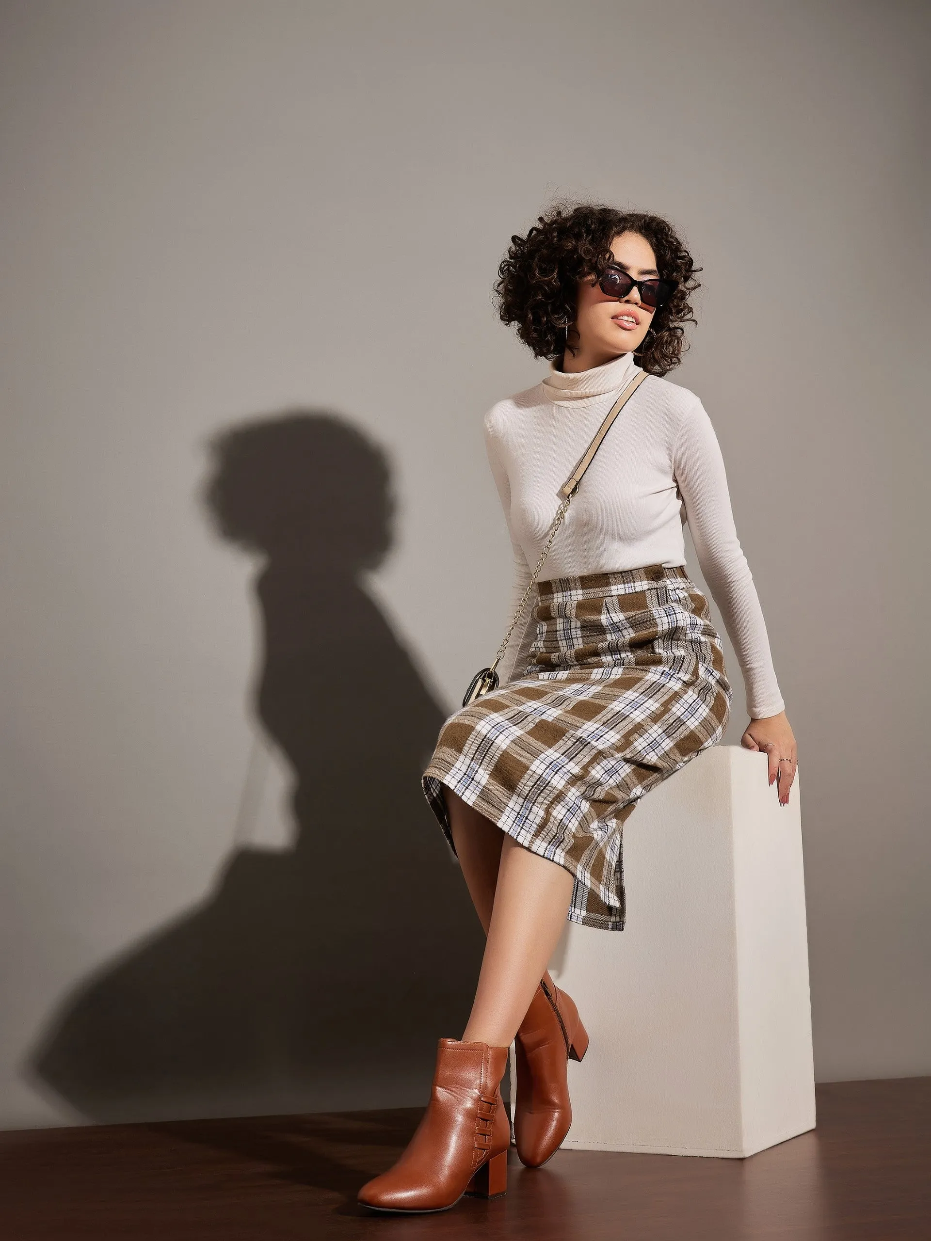 Women Brown Yarn dyed Check Pencil Skirt