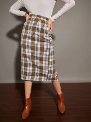 Women Brown Yarn dyed Check Pencil Skirt