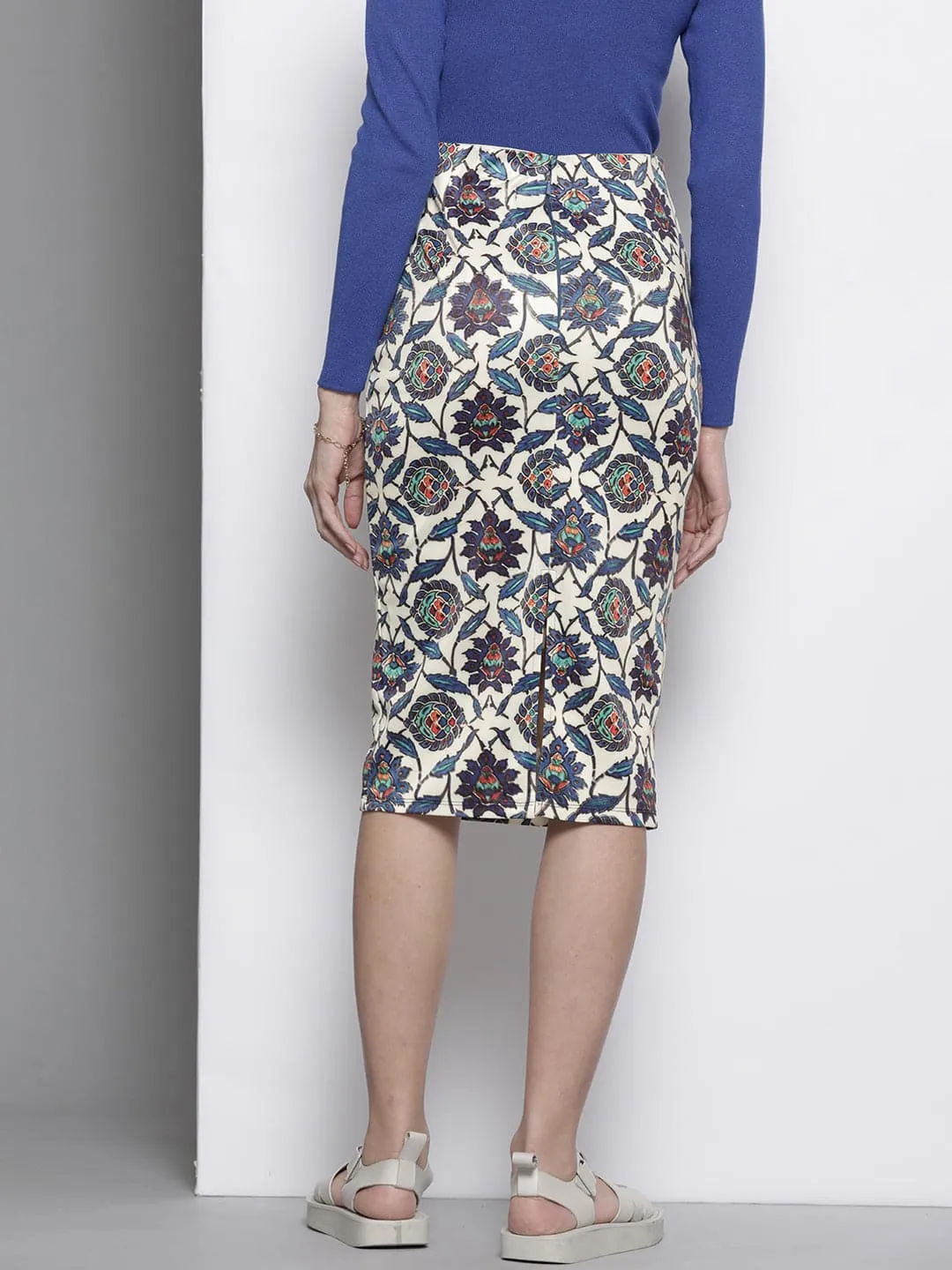 Women Navy Ethnic Motif Scuba Pencil Skirt