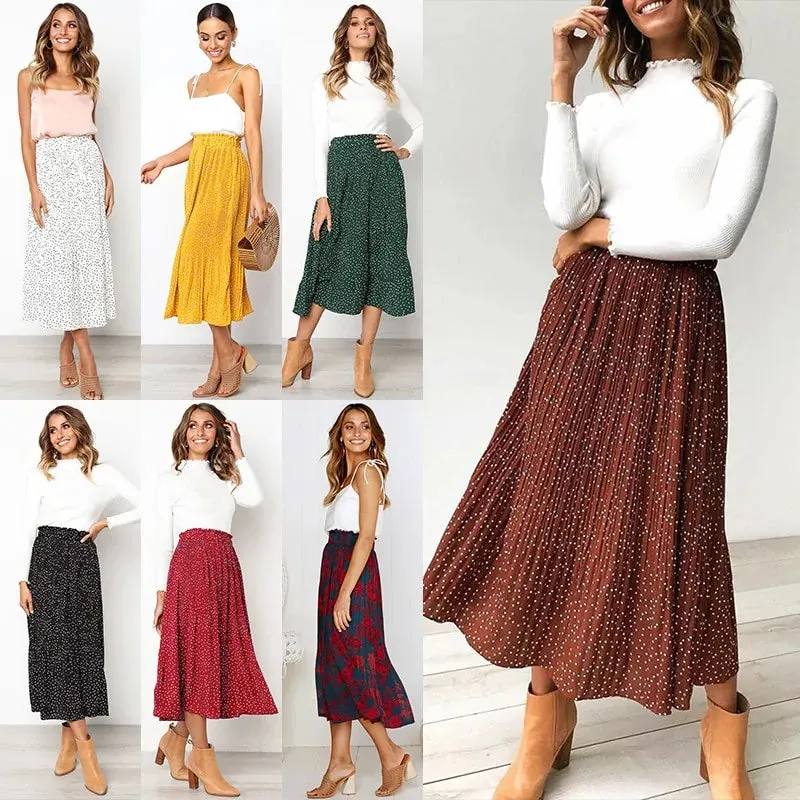 Women's Elastic High Waist Pleated Midi Skirt